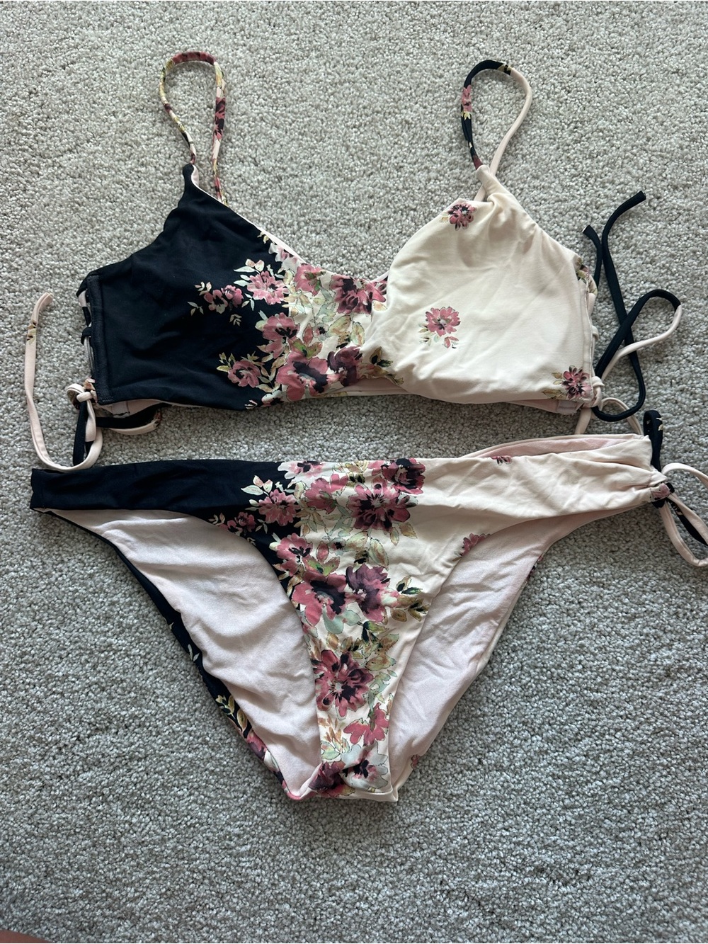 O'Neill Floral Two-Tone Bandeau Bikini - Black & Cream with Pink Flowers